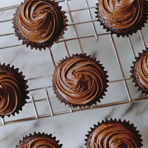 This image shows a top-down view of a batch of frosted chocolate cupcakes placed neatly on a clean white marble countertop, with a simple and clean background.