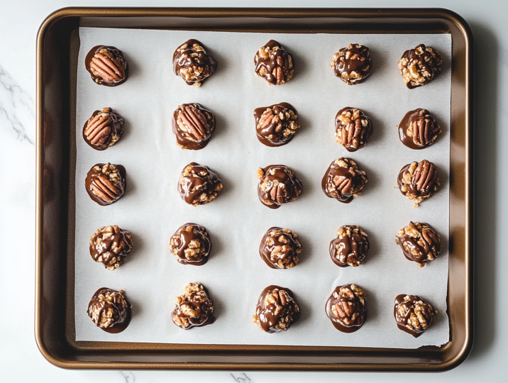 This image shows finished Chocolate Pecan Turtle Clusters with glossy milk chocolate and toasted pecans arranged neatly on a white marble countertop.