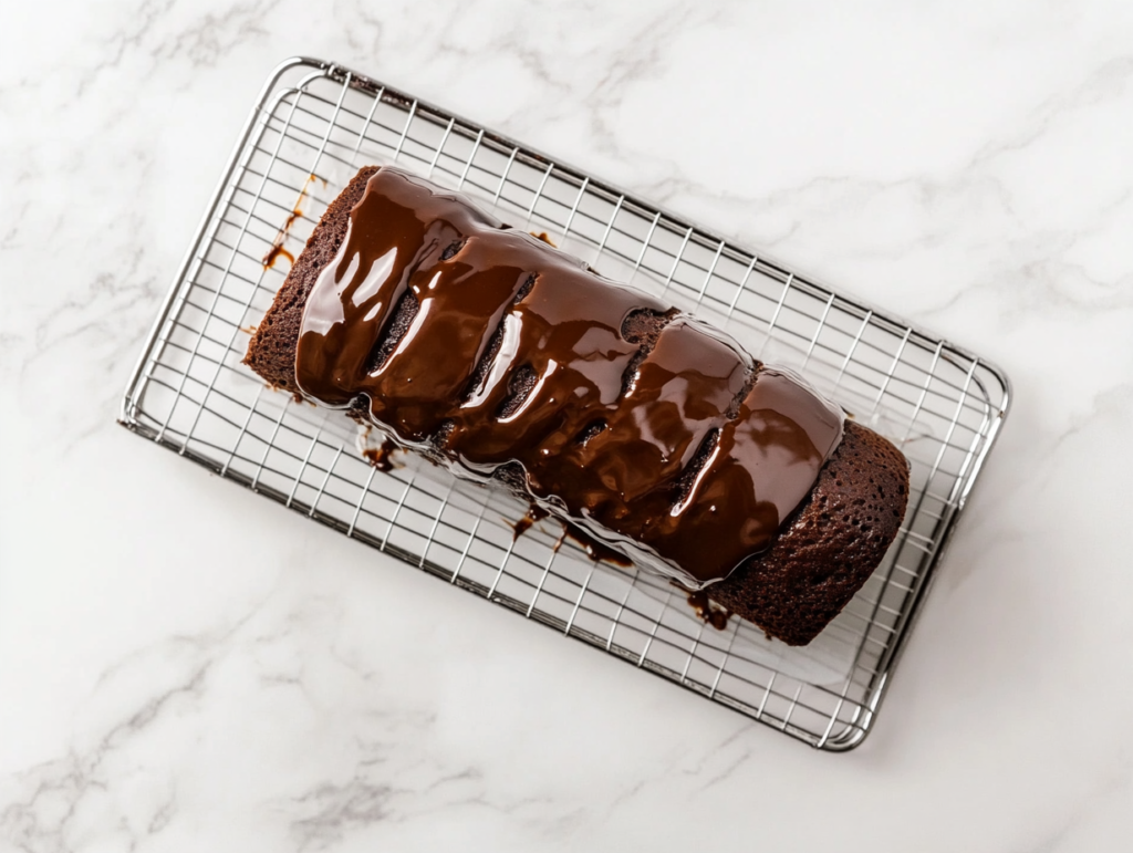 This image shows a finished chocolate Swiss roll topped with glossy chocolate ganache, resting elegantly on a white marble countertop with no visible background clutter.