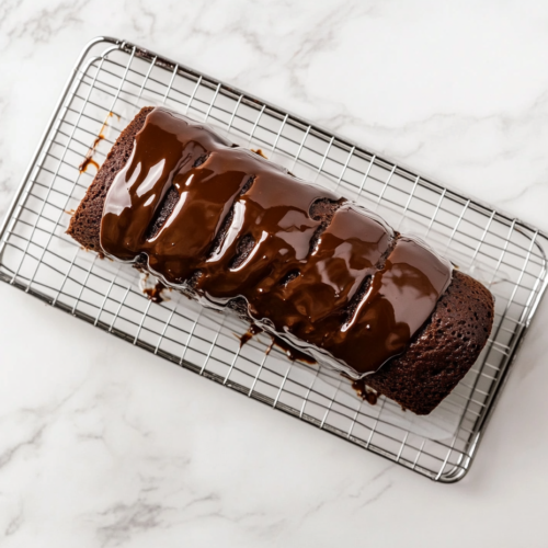 This image shows a finished chocolate Swiss roll topped with glossy chocolate ganache, resting elegantly on a white marble countertop with no visible background clutter.