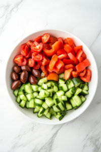 This image shows a large white serving dish filled with freshly chopped tomatoes, cucumber slices, green bell pepper strips, and Kalamata olives. The dish rests on a white marble countertop with no other items around it.