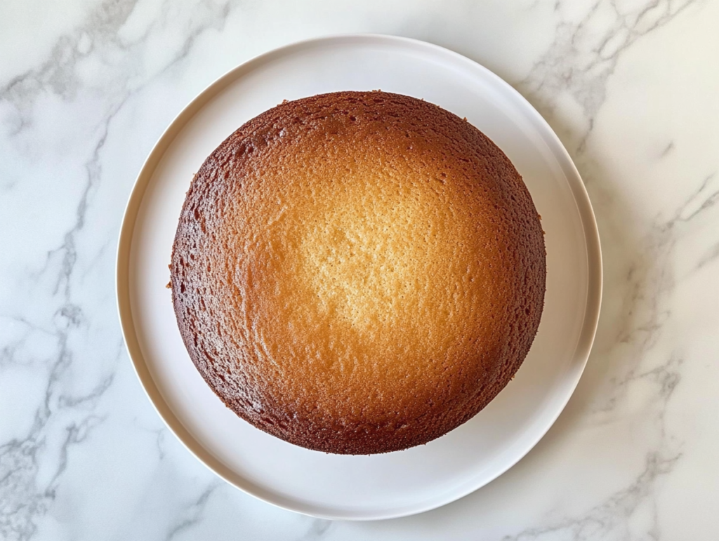 This image shows a freshly baked golden butter cake resting on a white plate placed over a clean white marble countertop, captured from a top-down view with a soft, natural light aesthetic and no background clutter.