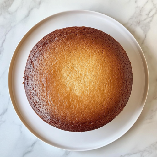 This image shows a freshly baked golden butter cake resting on a white plate placed over a clean white marble countertop, captured from a top-down view with a soft, natural light aesthetic and no background clutter.