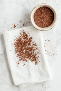 This image shows a clean kitchen towel generously dusted with cocoa powder spread over a white marble countertop.