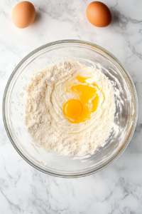 combining-wet-and-dry-ingredients-in-large-glass-bowl-on-white-marble