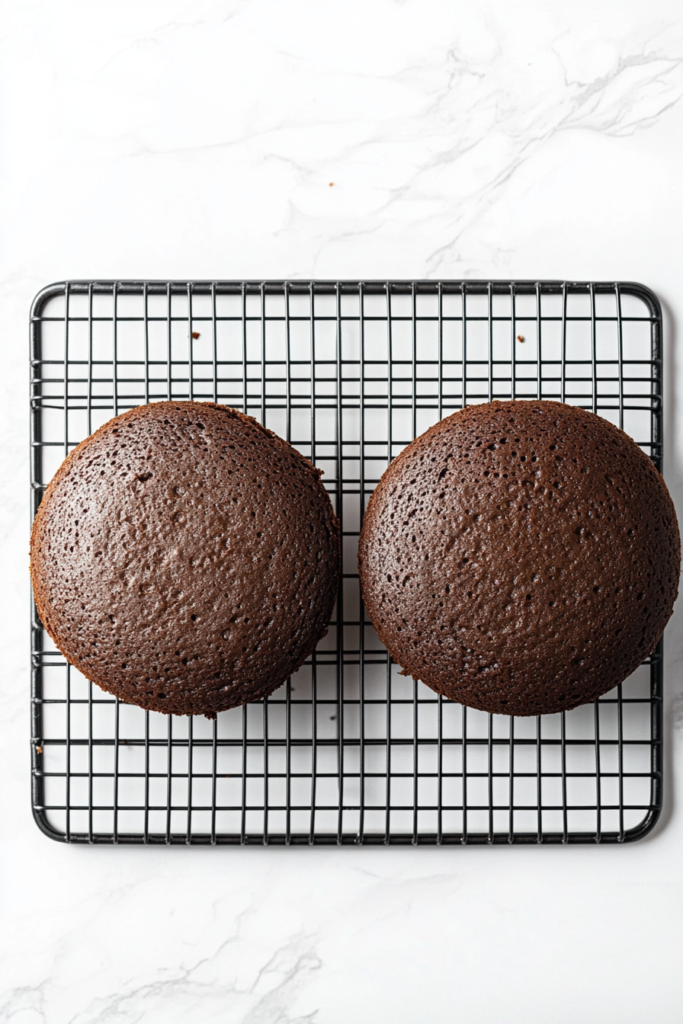 This image shows a top-down view of fully cooled chocolate cakes resting on a black wire rack placed over a white marble countertop, ready for slicing and serving.