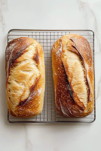 This image shows a top-down view of two golden loaves of white bread cooling on a stainless steel wire rack placed on a clean white marble countertop. No extra elements are in the frame.