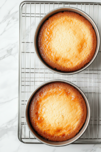 This image shows cake layers completely cooled on a wire rack, ensuring they're ready for frosting and assembly.