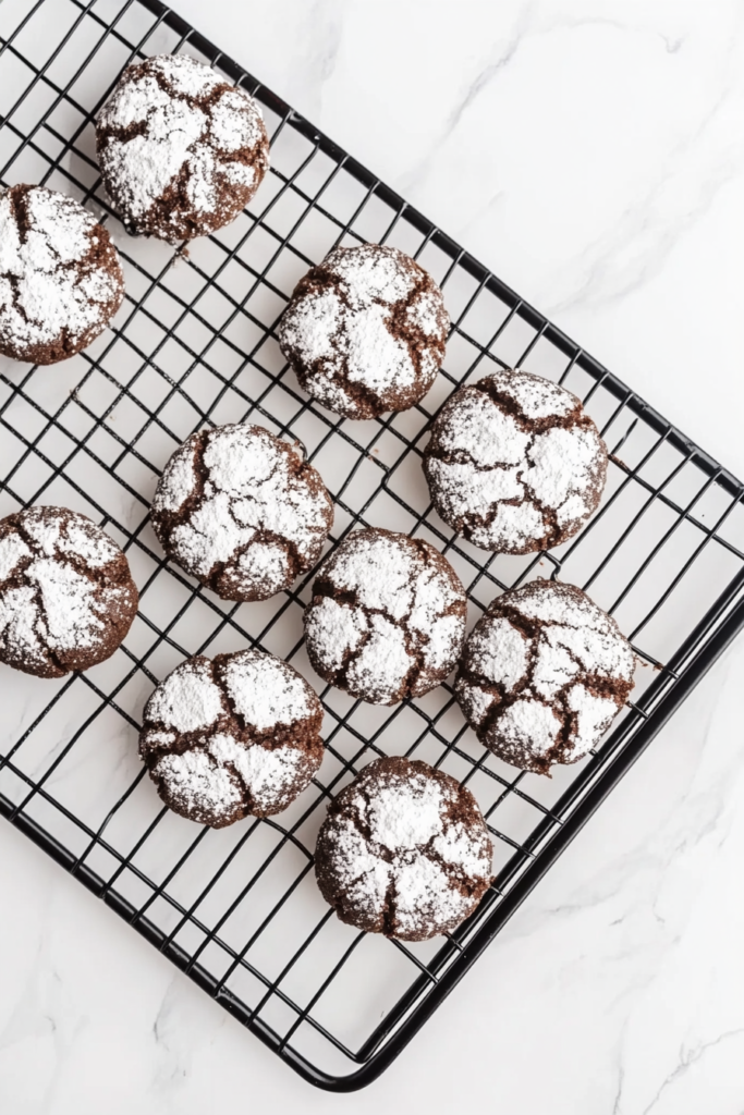 This image shows chocolate crinkle cookies cooling on a black wire rack over a clean white marble countertop.