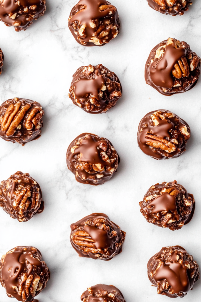 cooling-chocolate-pecan-turtle-clusters-on-parchment-white-marble