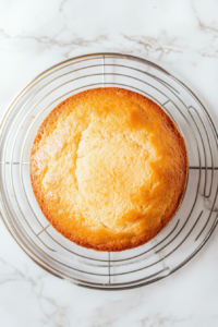 This image shows the butter cake inverted from its pan and cooling on a wire rack placed on a white marble cooktop, with the pan flipped beside it.