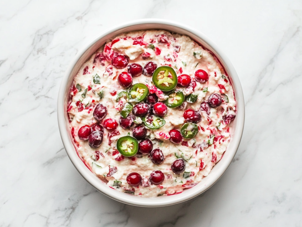 This image shows a creamy cranberry jalapeño dip served in a white round bowl, with a vibrant pink hue and topped with finely chopped cranberries and jalapeños for a festive and zesty look.