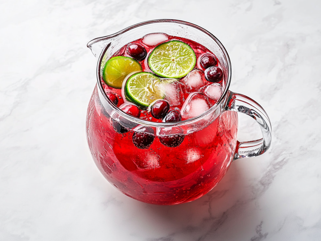 This image shows a large glass jar brimming with vibrant red cranberry pineapple punch, filled with lemon slices, cherries, and clinking ice cubes, capturing a refreshing and festive moment