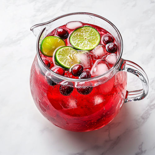 This image shows a large glass jar brimming with vibrant red cranberry pineapple punch, filled with lemon slices, cherries, and clinking ice cubes, capturing a refreshing and festive moment