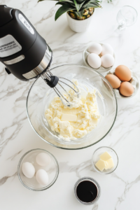 This image shows butter being whipped with a keto-friendly sweetener until creamy, followed by the addition of vanilla extract and eggs to build the wet base.