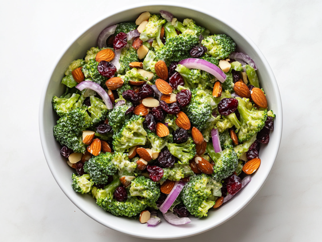 This image shows a vibrant broccoli salad served in a round white bowl, infused with fresh broccoli florets, sliced onions, creamy dressing, sweet raisins, and crunchy almonds.