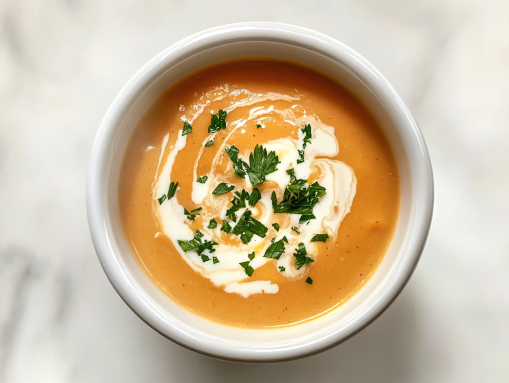 This image shows a creamy bowl of butternut squash soup served in a simple white ceramic bowl, garnished lightly with a swirl of cream and fresh herbs, placed on a pristine white marble countertop with no background clutter.