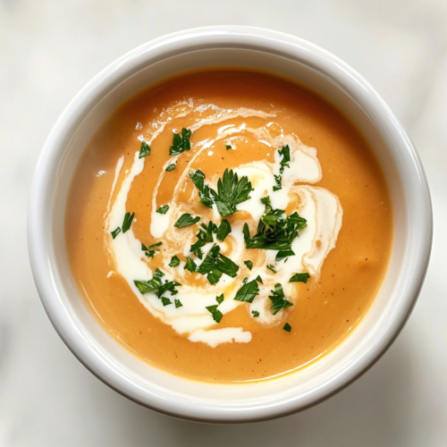 This image shows a creamy bowl of butternut squash soup served in a simple white ceramic bowl, garnished lightly with a swirl of cream and fresh herbs, placed on a pristine white marble countertop with no background clutter.