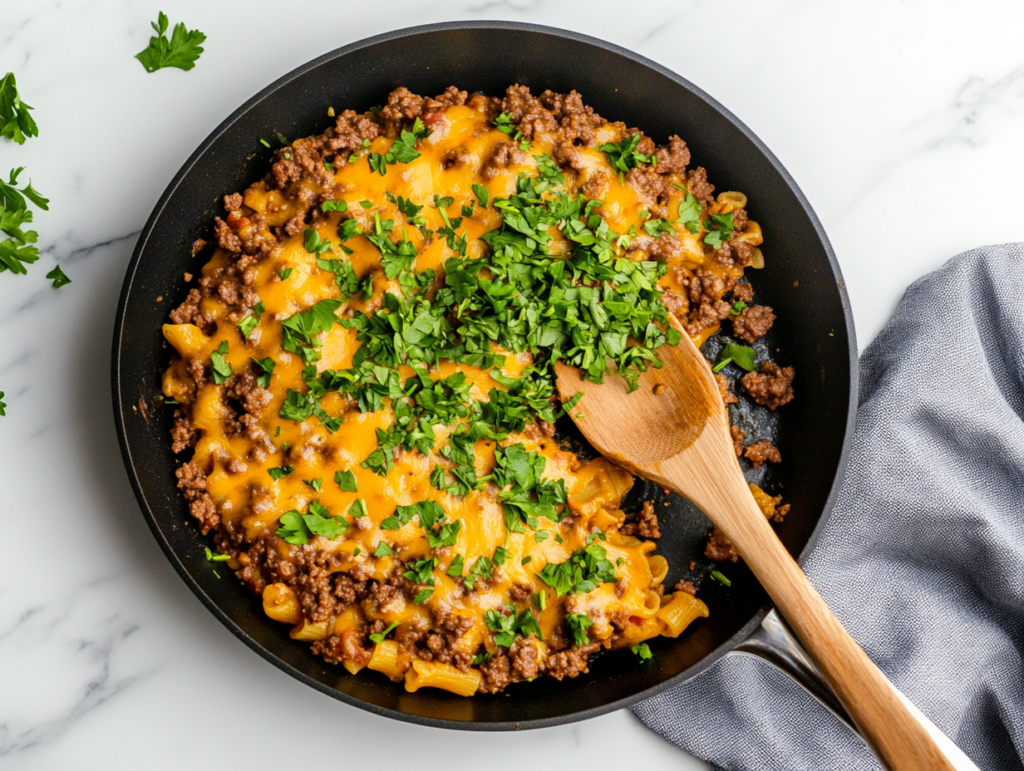 This image shows a bowl of creamy cheeseburger pasta topped with melted cheddar cheese and a sprinkle of fresh parsley, served in a white ceramic bowl on a clean white marble countertop.
