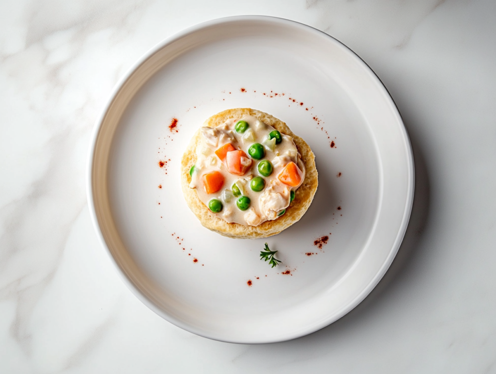 This image shows a golden-brown Chicken Biscuit Casserole in a white 9x13-inch ceramic baking dish, resting on a clean white marble countertop. The biscuit topping is perfectly baked and slightly puffed, covering the creamy filling beneath.