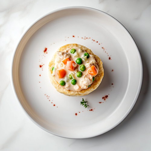 This image shows a golden-brown Chicken Biscuit Casserole in a white 9x13-inch ceramic baking dish, resting on a clean white marble countertop. The biscuit topping is perfectly baked and slightly puffed, covering the creamy filling beneath.