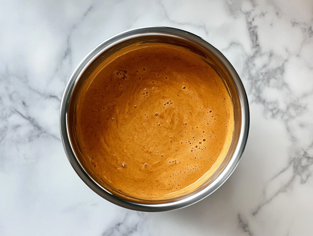 This image shows a top-down view of creamy, melted cheese sauce in a stainless steel saucepan resting on a clean white marble cooktop with no other elements in the background.