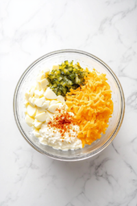 This image shows a mound of grated eggs surrounded by mayonnaise, mustard, and seasonings, all about to be folded together.