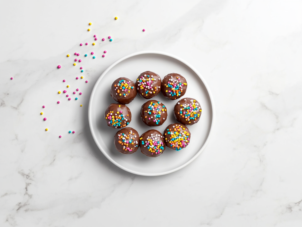 This image shows a plate of finished Butterfinger Balls arranged in a neat circular pattern on a clean white plate. The balls are partially dipped in chocolate and topped with vibrant sprinkles and crushed candy, beautifully displayed on a white marble countertop with no background clutter.