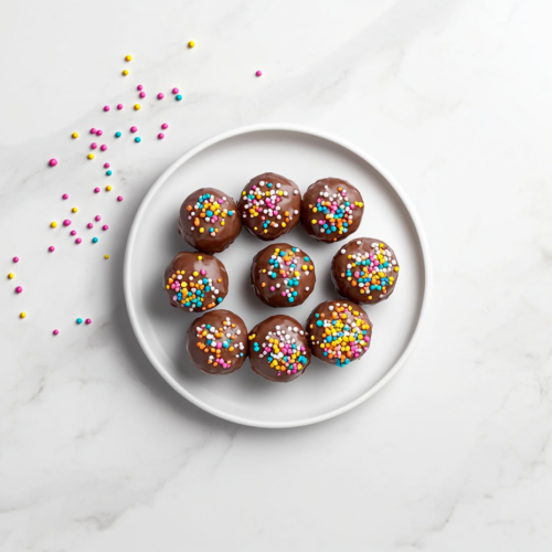 This image shows a plate of finished Butterfinger Balls arranged in a neat circular pattern on a clean white plate. The balls are partially dipped in chocolate and topped with vibrant sprinkles and crushed candy, beautifully displayed on a white marble countertop with no background clutter.