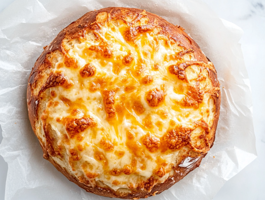 This image shows a freshly baked round cheese bread with a golden, crispy crown of melted Colby cheese, cooling on a black wire rack placed on a clean white marble countertop. The loaf is rustic and deeply golden, with a bubbly, cheesy texture on top, resting near its parchment baking paper.
