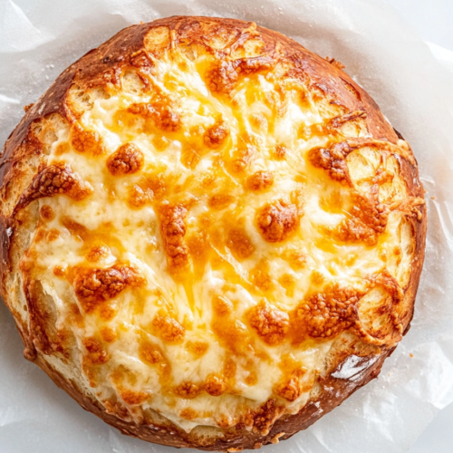 This image shows a freshly baked golden round cheese bread resting on parchment paper, with a beautifully crispy Colby cheese crown on top, placed over a clean white marble countertop.