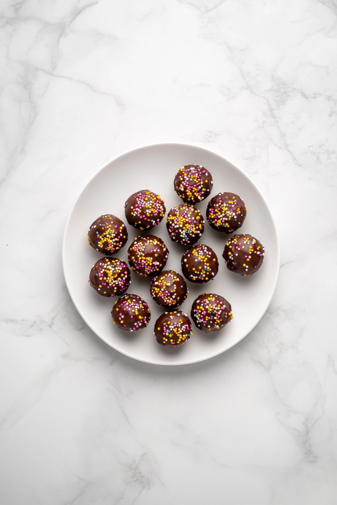 This image shows fully set chocolate-covered Butterfinger balls arranged on a parchment-lined baking sheet. Each ball is topped with either crushed Butterfingers, colorful sprinkles, or flaky sea salt. The entire setup rests on a clean white marble cooktop, highlighting the final festive presentation.