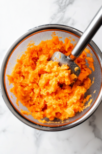 This image shows softened carrots being drained and mashed in a bowl, creating a smooth and velvety base for the soufflé.