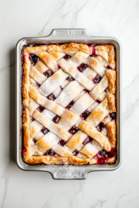 This image shows cooled cherry pie bars in a baking pan with a fresh drizzle of sugar glaze setting on top, ready to be sliced and served, placed on a white marble countertop.
