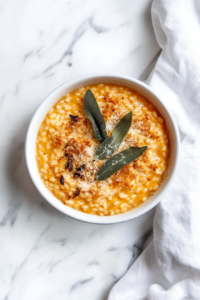 This image shows a beautifully plated serving of pumpkin risotto in a white bowl, steaming and ready to be enjoyed—creamy, comforting, and perfect for fall.