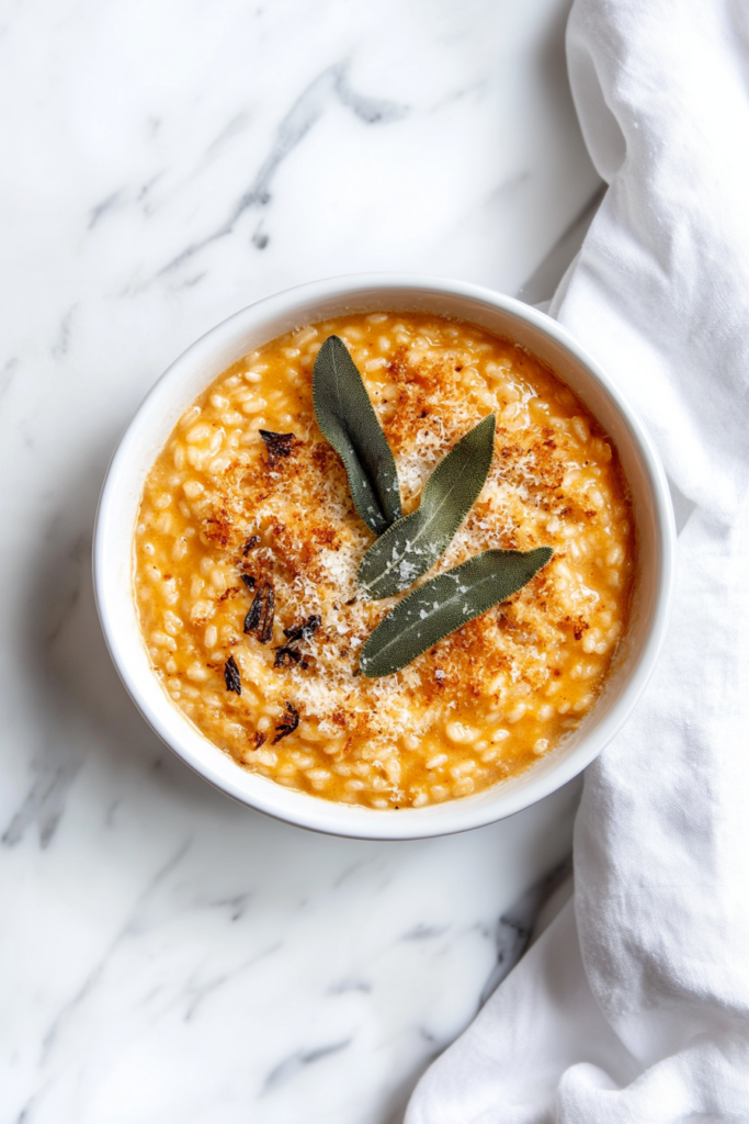 This image shows a beautifully plated serving of pumpkin risotto in a white bowl, steaming and ready to be enjoyed—creamy, comforting, and perfect for fall.