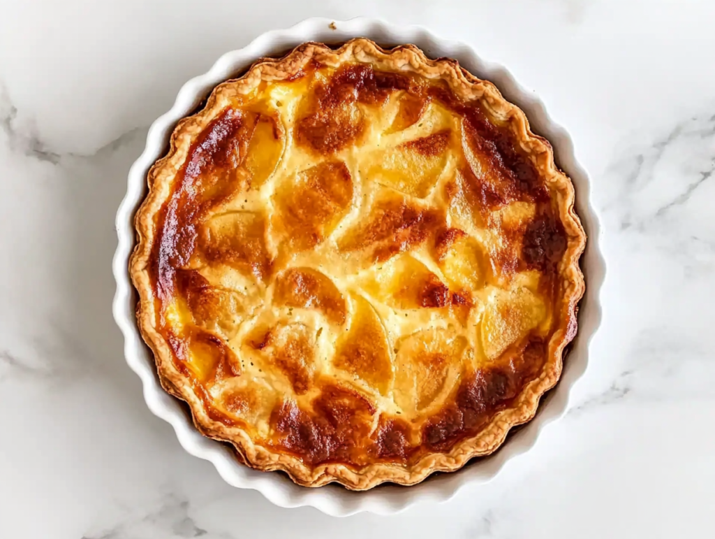 This image shows a beautifully baked Alsatian Apple Flan in a round tart pan, golden brown with delicate apple slices nestled beneath a glossy custard top.