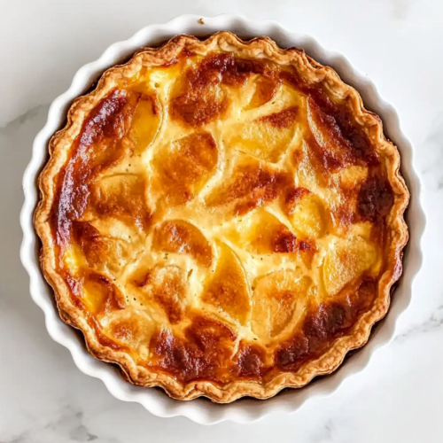 This image shows a beautifully baked Alsatian Apple Flan in a round tart pan, golden brown with delicate apple slices nestled beneath a glossy custard top.