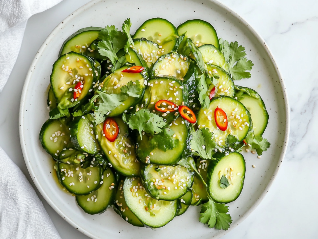 This image shows a beautifully plated Asian Avocado Salad, served in round cucumber slices and topped with white sesame seeds and vibrant chopped red chili.