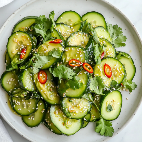 This image shows a beautifully plated Asian Avocado Salad, served in round cucumber slices and topped with white sesame seeds and vibrant chopped red chili.