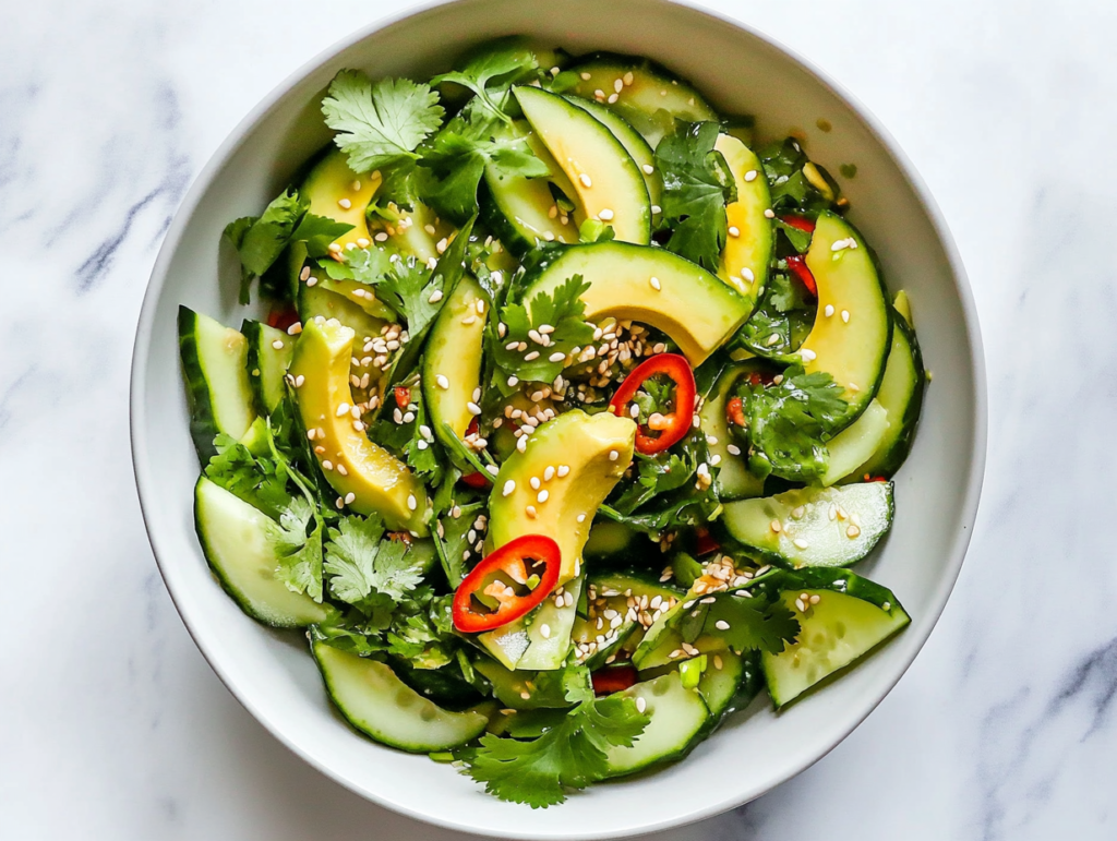 This image shows a beautifully plated Asian Avocado Salad in a round bowl, featuring vibrant avocado slices, cucumber, and fresh herbs topped with white sesame seeds.