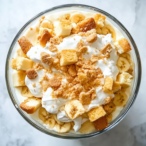 This image shows a beautifully layered Banana Vanilla Pudding Trifle in a clear glass bowl, featuring creamy white whipped topping, golden pound cake crumbs, and banana pudding for an indulgent dessert.