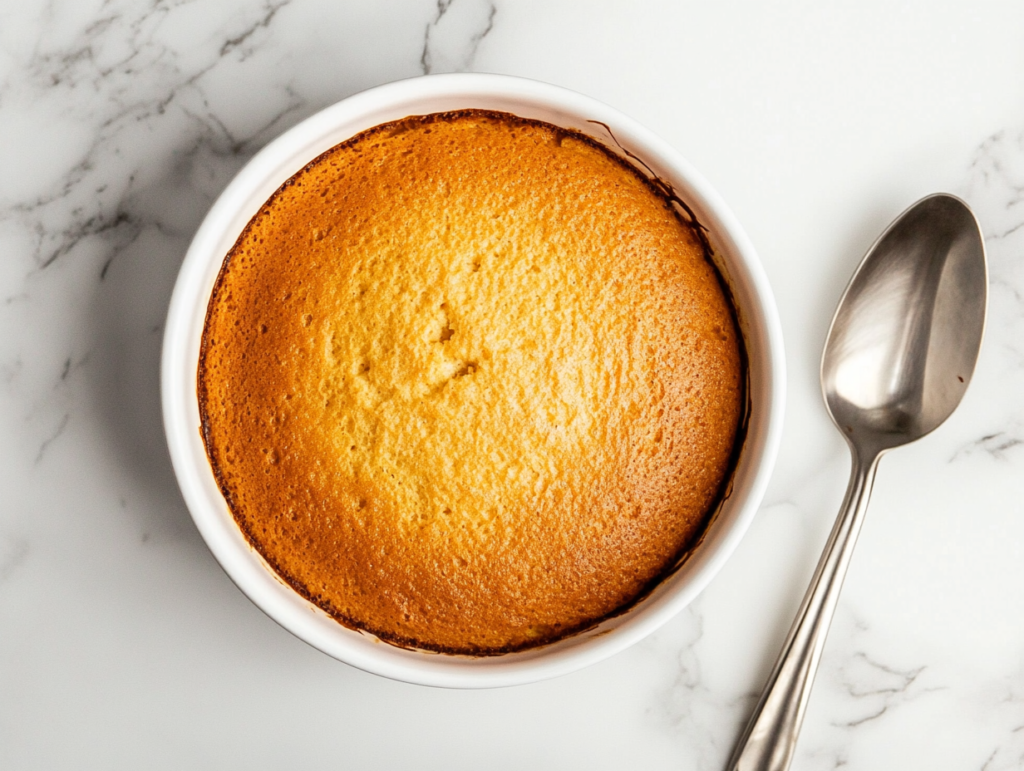 This image shows a freshly baked carrot soufflé, golden brown and perfectly puffed up, just out of the oven, ready to be served.