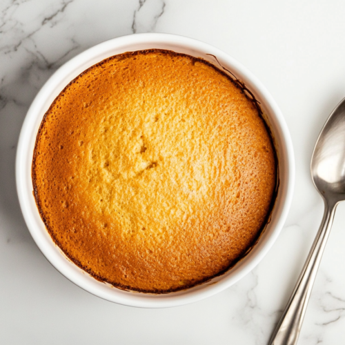 This image shows a freshly baked carrot soufflé, golden brown and perfectly puffed up, just out of the oven, ready to be served.