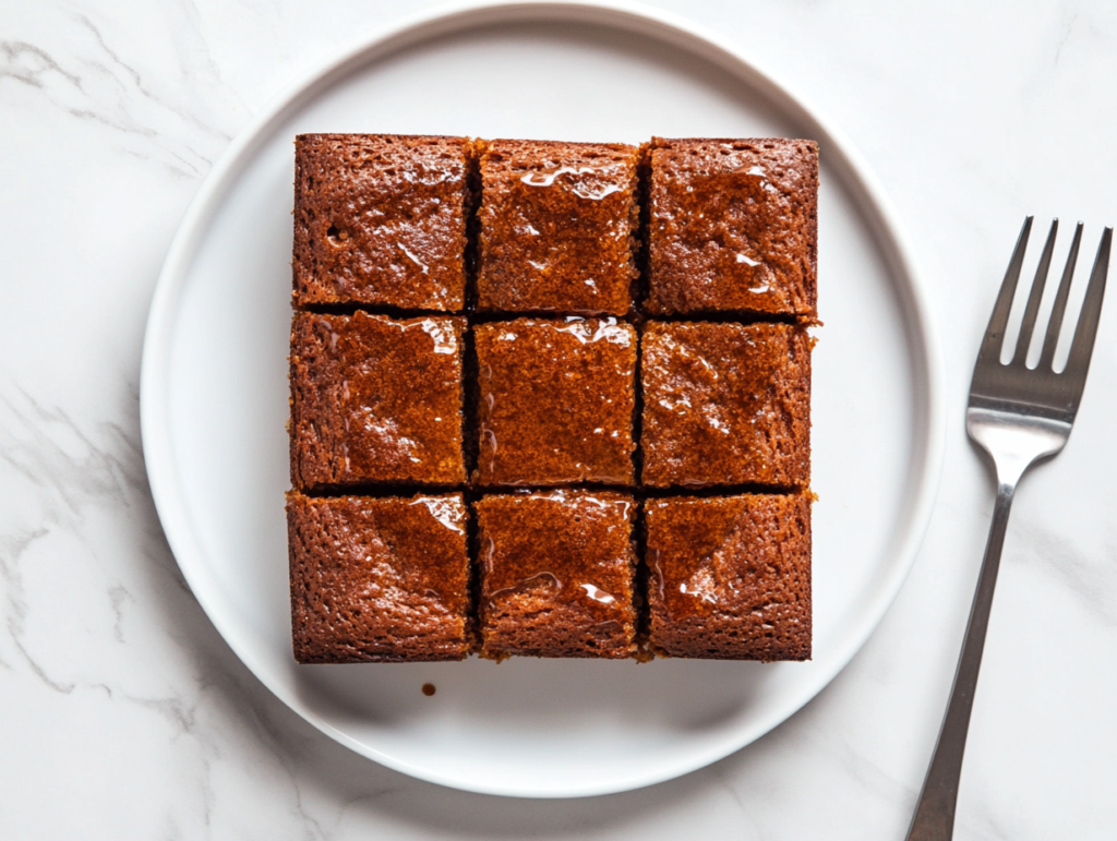 This image shows a traditional Parkin cake, dark brown in color with a glossy glazed surface, cut into squares and neatly arranged on a round white plate.