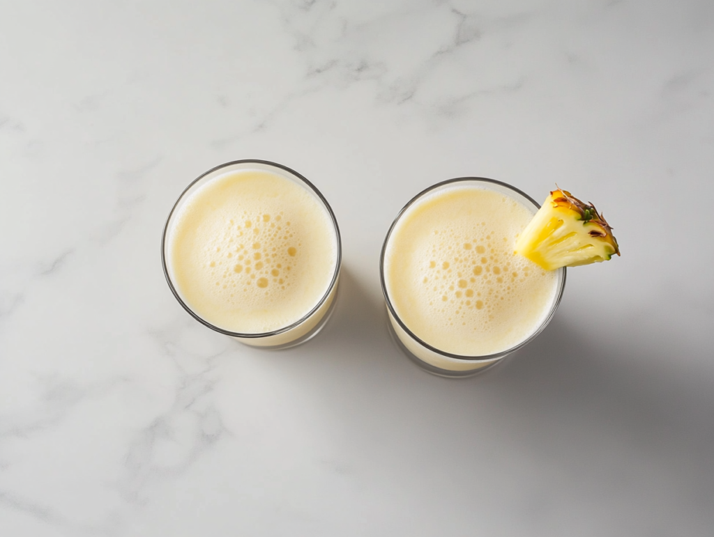 Two light yellow pina coladas are served in cocktail glasses, each garnished with a fresh pineapple slice, giving a tropical and refreshing vibe.