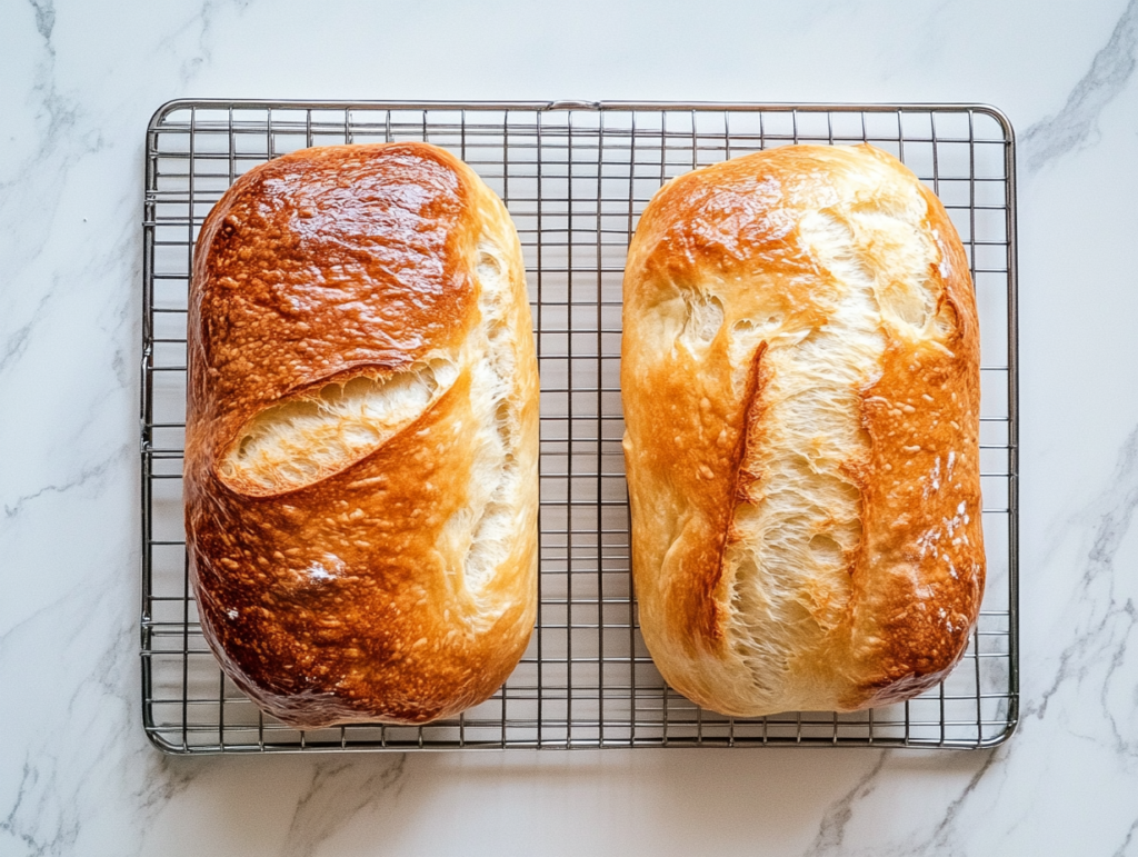 This image shows a top-down view of two golden loaves of classic white bread, one partially sliced, resting on a stainless steel wire rack placed over a clean white marble countertop. The bread has a rich golden-brown crust and a soft, fluffy interior.