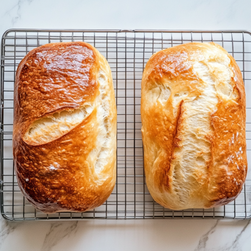 This image shows a top-down view of two golden loaves of classic white bread, one partially sliced, resting on a stainless steel wire rack placed over a clean white marble countertop. The bread has a rich golden-brown crust and a soft, fluffy interior.