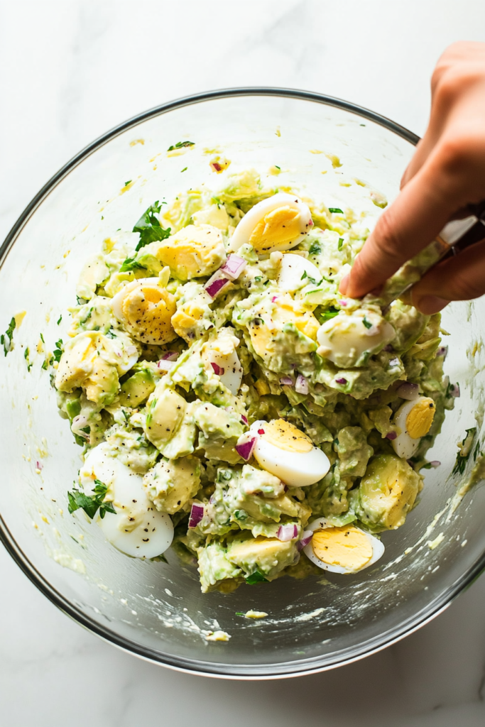 This image shows the completed avocado and egg salad served on a clean white plate, ready to be enjoyed as a fresh and flavorful meal.