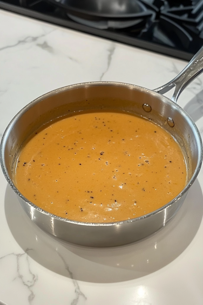 finished-silky-rich-cheese-sauce-in-stainless-saucepan-on-white-marble